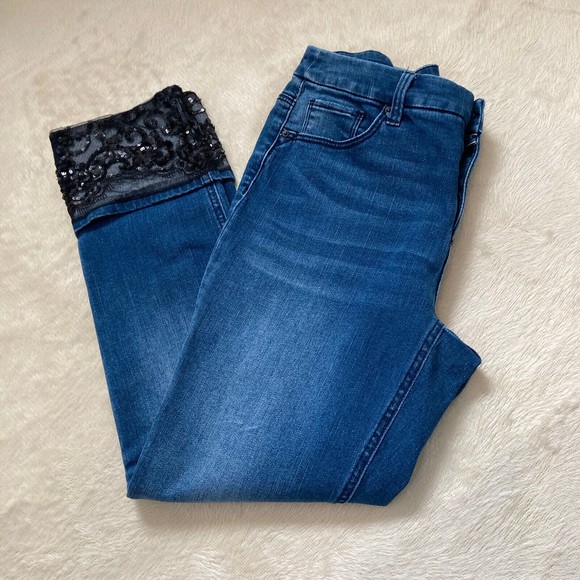 Chico's So Slimming 00 Black Sequin Lace Cuff Ankle Denim Blue Jeans Mint! - Picture 11 of 12